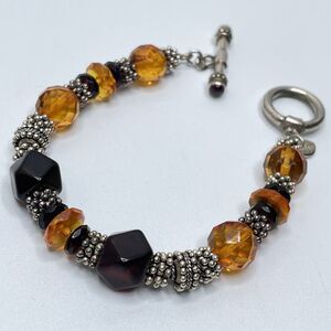 Elyie 925 Sterling Silver Signed Artisan Amber Color Glass Beaded Bracelet